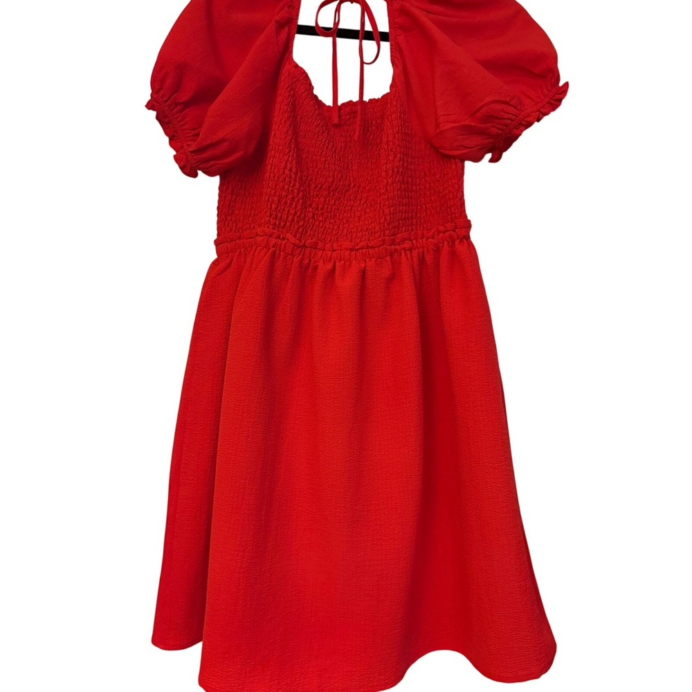 Altard State Red Smocked Puff Sleeve Mini Dress ND30058 Womens Medium - Picture 6 of 8